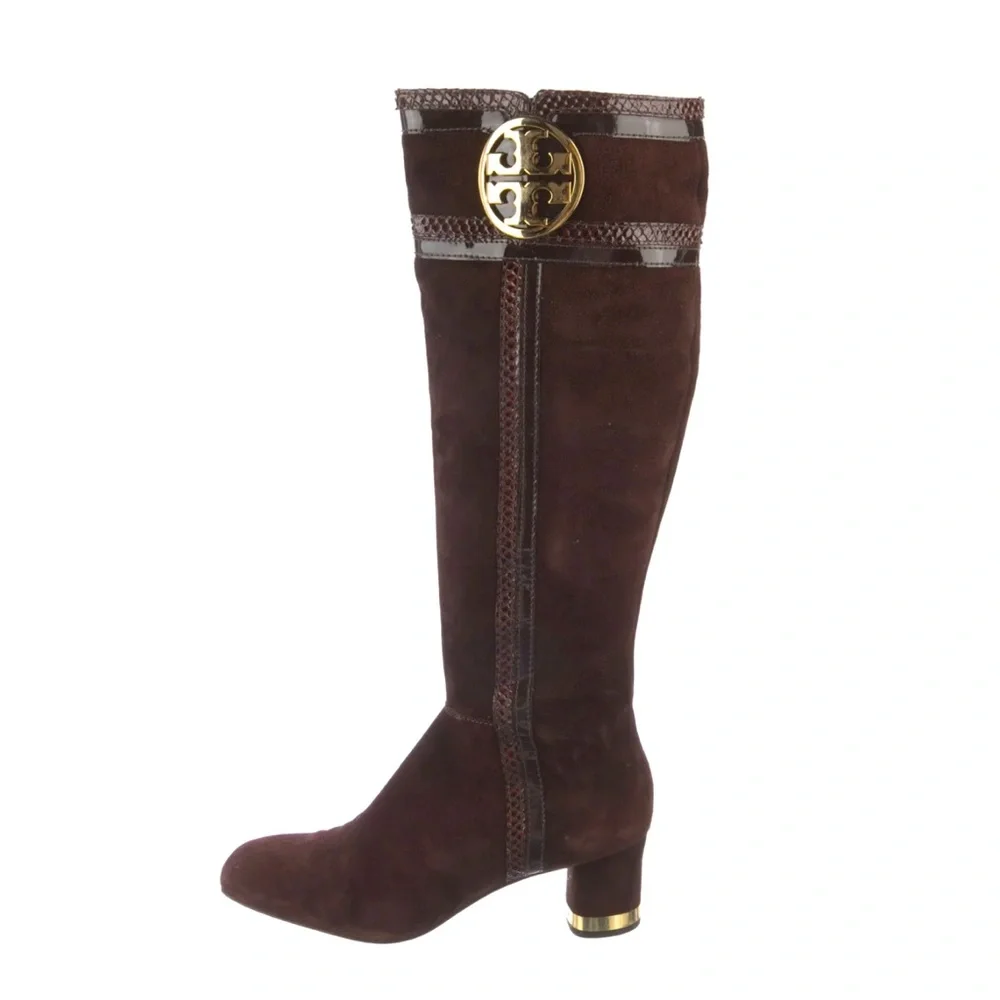 Tori Burch size 7 Brown Gold‎ Sabina suede and snake tall riding heeled boots